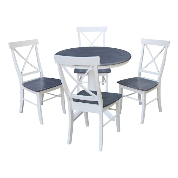 International Concepts 36 in. Solid Wood Round Top Pedestal Dining Table with 4 Dining Chairs in White/Heather Gray K05-36RT-27B-C613-4 - main